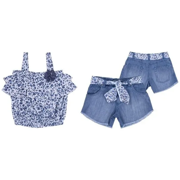 BLUE FLORAL SATIN TOP AND DENIM SHORT