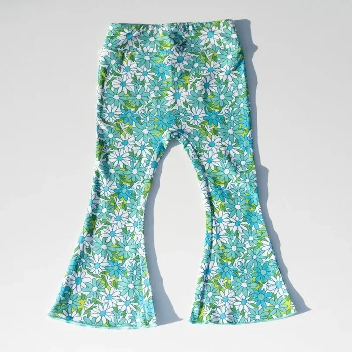 Blue Flower Power Jersey Knit Bell Bottoms For Babies, Toddlers And Girls