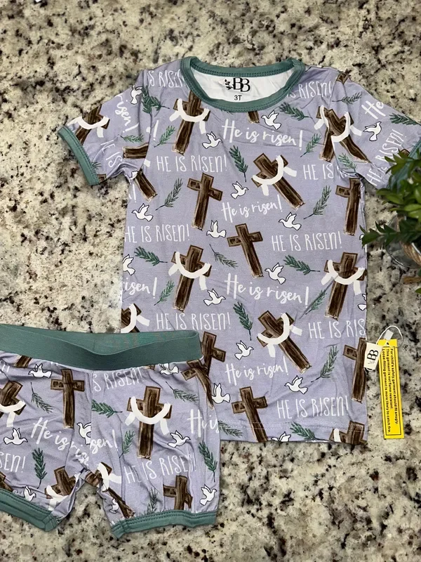 Blue He Is Risen Bamboo Shorts Set