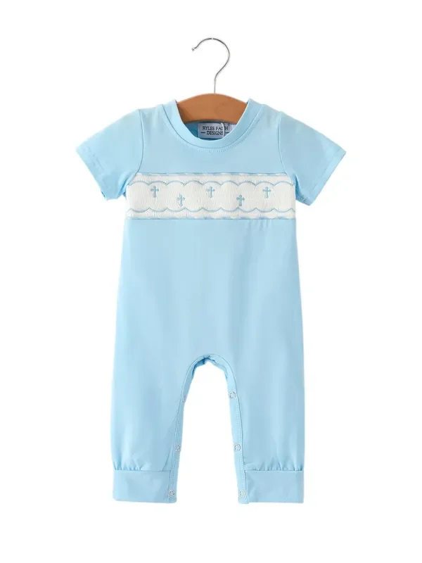 Blue Smocked Church Christ Bishop Christening Toddler Boys’ Romper