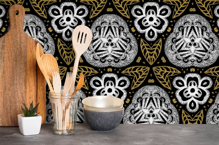 Bohemian Wallpaper With A Chalk Drawn Folk Art Motif In Black, White, And Gold – X082
