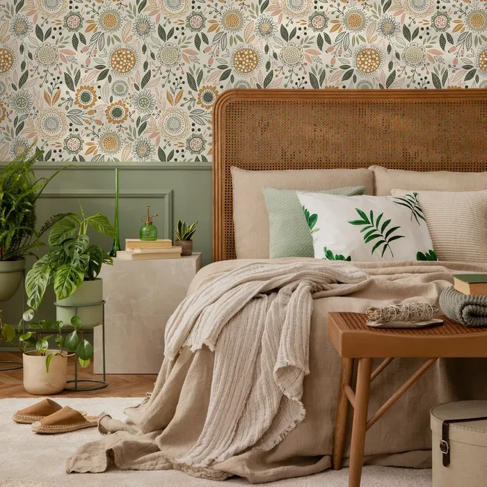 Boho Floral Wallpaper With Stylized Garden Blooms In Green, Ochre, And Pink – D284