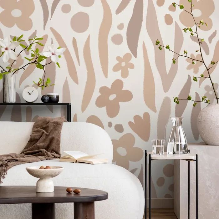 Boho Wallpaper With Abstract Flowers In Beige And Brown – As2-c480
