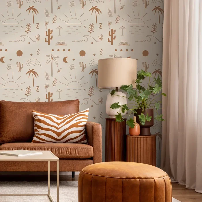 Boho Wallpaper With Desert Sun And Palm Tree Doodles In Terracotta And Beige – Zaby