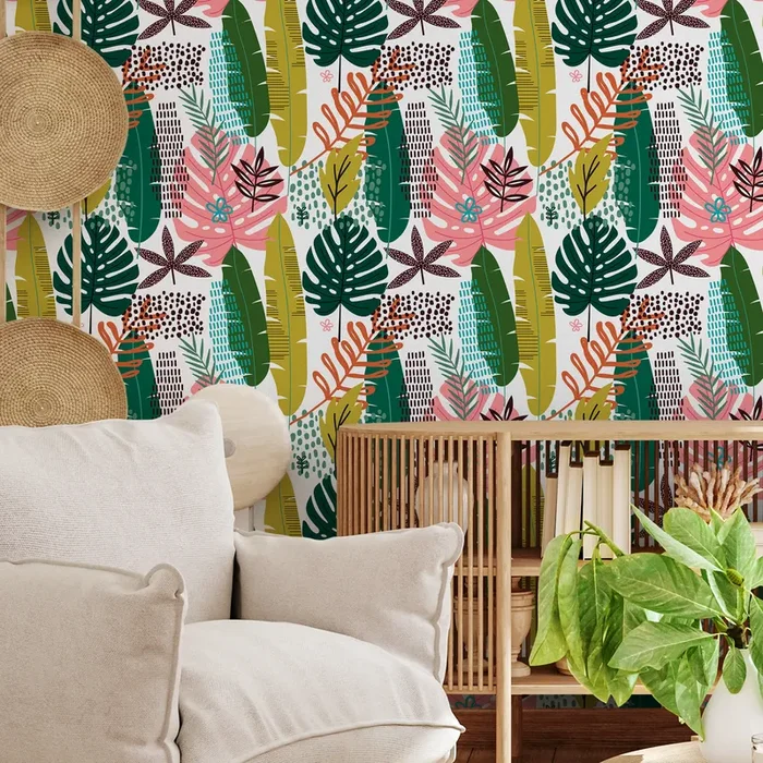 Boho Wallpaper With Tropical And Abstract Leaves In Green, Pink, And Teal – B850