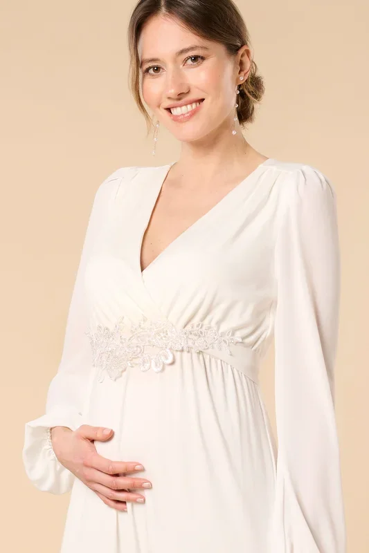 Boho wedding dress with chiffon sash, pearls and lace