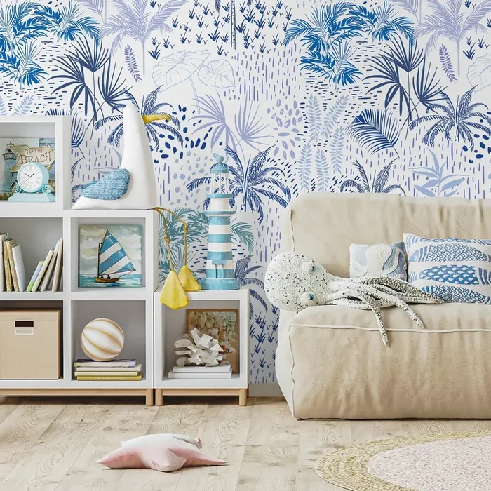 Botanical Wallpaper Featuring A Coastal Palm Motif In Dark Blue And Light Blue – B089