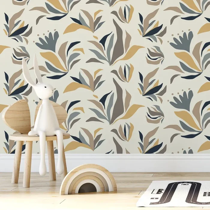 Botanical Wallpaper Featuring Abstract Floral Elements In Blue, Gold, And Taupe – D725