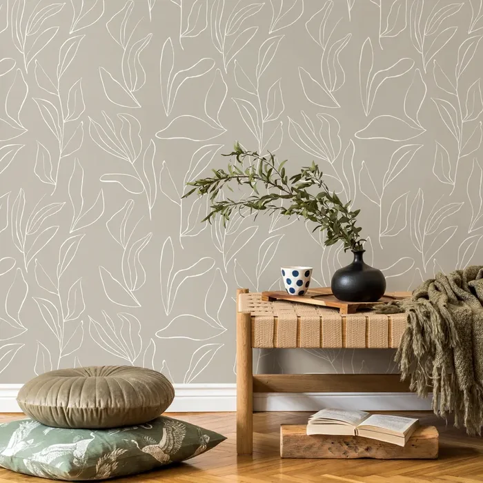 Botanical Wallpaper Featuring Stylized Leaf Outlines In Beige And White – C173