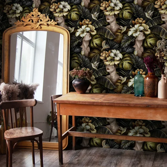 Botanical Wallpaper Featuring Surrealist Statues In Black, Green, And Gold – C399