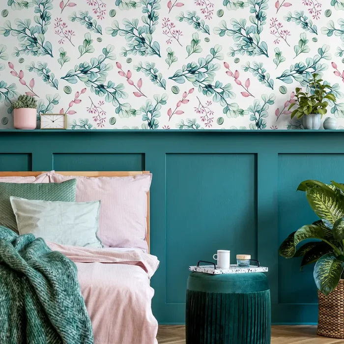 Botanical Wallpaper Featuring Watercolor Eucalyptus Leaves In Green And Pink – A758