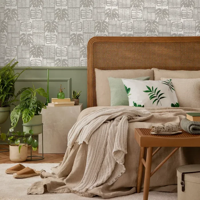 Botanical Wallpaper With A Block Print Leaf Motif In Gray – C234