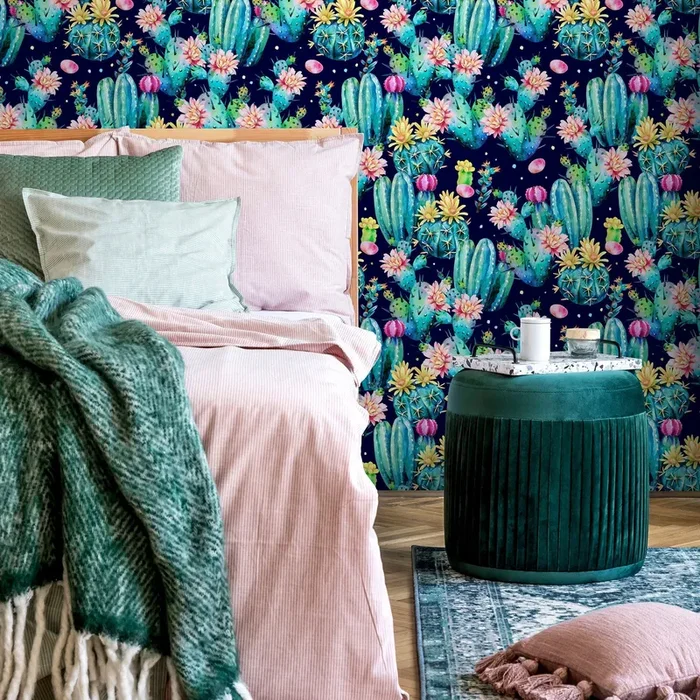 Botanical Wallpaper With A Blooming Cactus Motif In Teal, Pink, And Blue – B022