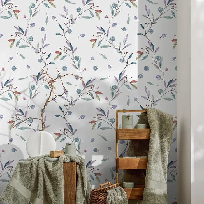 Botanical Wallpaper With A Delicate Berry Branch Motif In Green, Purple, And Red – A391