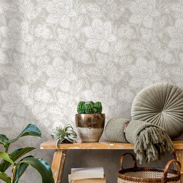Botanical Wallpaper With A Delicate Floral Line Art Motif In Taupe And Cream – C979