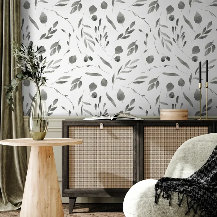 Botanical Wallpaper With A Delicate Watercolor Leaf Motif In Black And Gray – B028