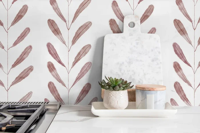 Botanical Wallpaper With A Delicate Watercolor Leaf Motif In Rose – X134