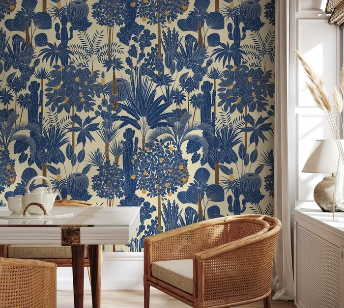 Botanical Wallpaper With A Dense Tropical Jungle Motif In Blue And Orange – D274