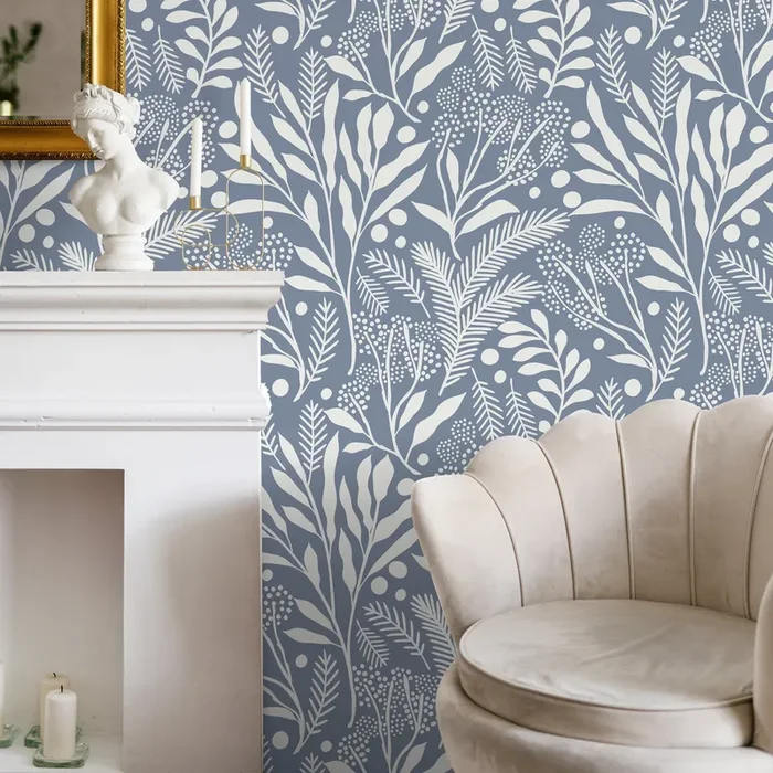 Botanical Wallpaper With A Foliage And Berry Motif In Blue And Off-white – A761