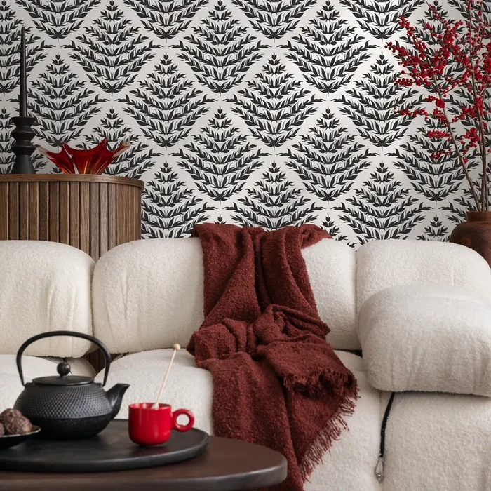 Botanical Wallpaper With A Geometric Leaf Motif In Black And White – C856