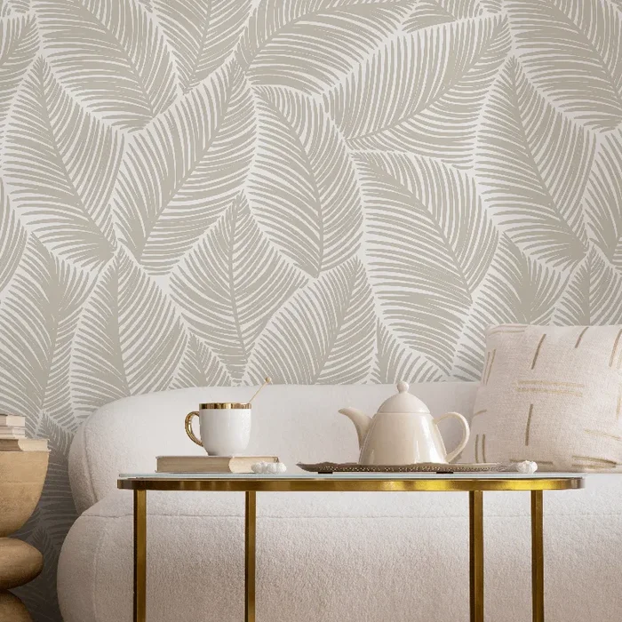 Botanical Wallpaper With A Minimalist Palm Leaf Motif In Taupe – B521