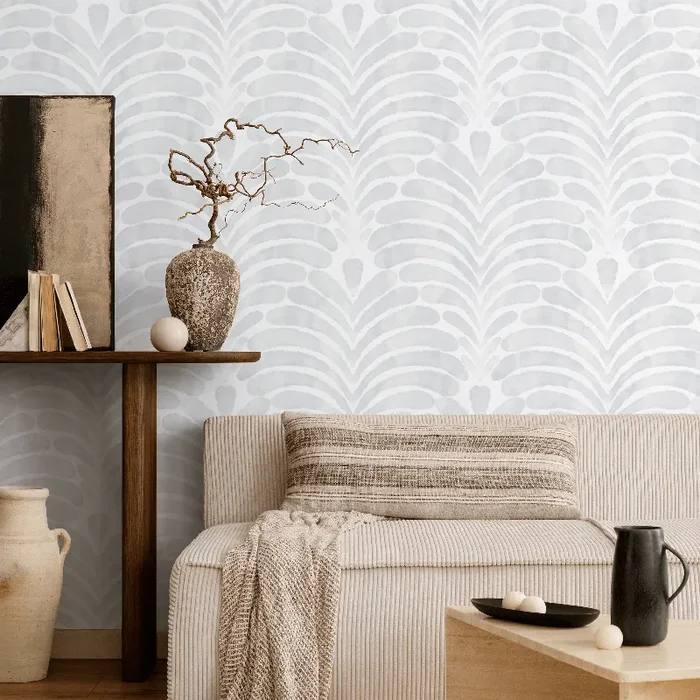 Botanical Wallpaper With A Modern Palm Leaf Motif In Light Gray – X138