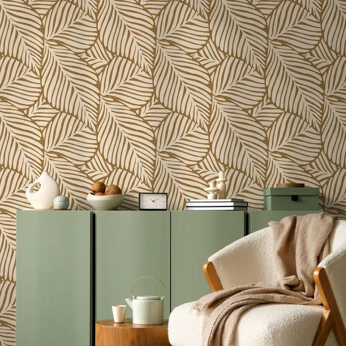 Botanical Wallpaper With A Stylized Leaf Motif In Tan And Beige – C108