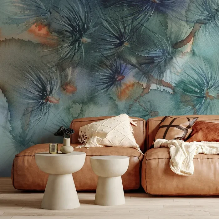 Botanical Wallpaper With A Watercolor Pine Motif In Teal, Green, And Orange – A014