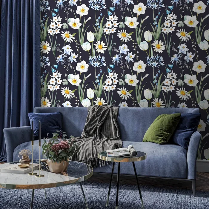 Botanical Wallpaper With A Wildflower Meadow In Dark Blue, White, And Yellow – A663