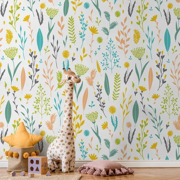 Botanical Wallpaper With A Wildflower Motif In Yellow, Teal, And Green – A881