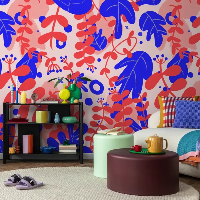 Botanical Wallpaper With Abstract Floral Shapes In Red, Blue, And Pink – B926