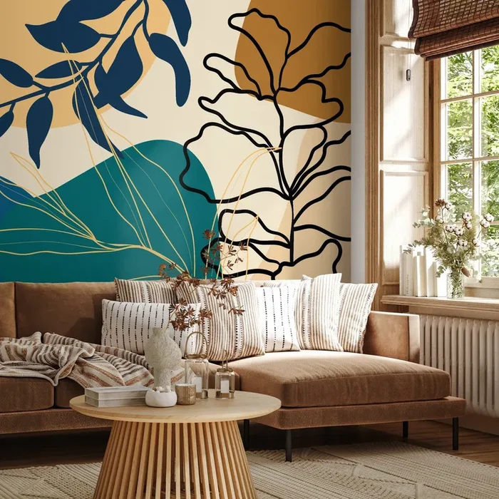 Botanical Wallpaper With Abstract Leaf Shapes In Blue, Teal, And Ochre – B951