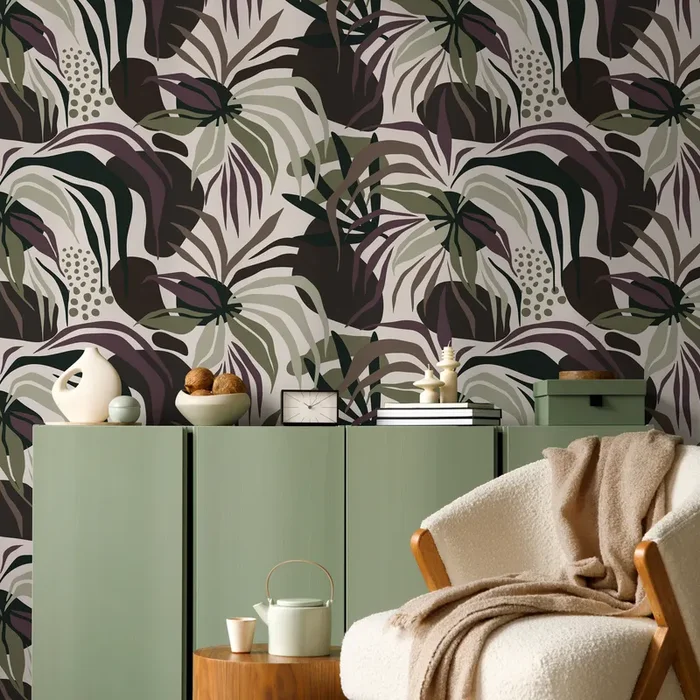 Botanical Wallpaper With Abstract Leaves In Green, Purple, And Brown – D713