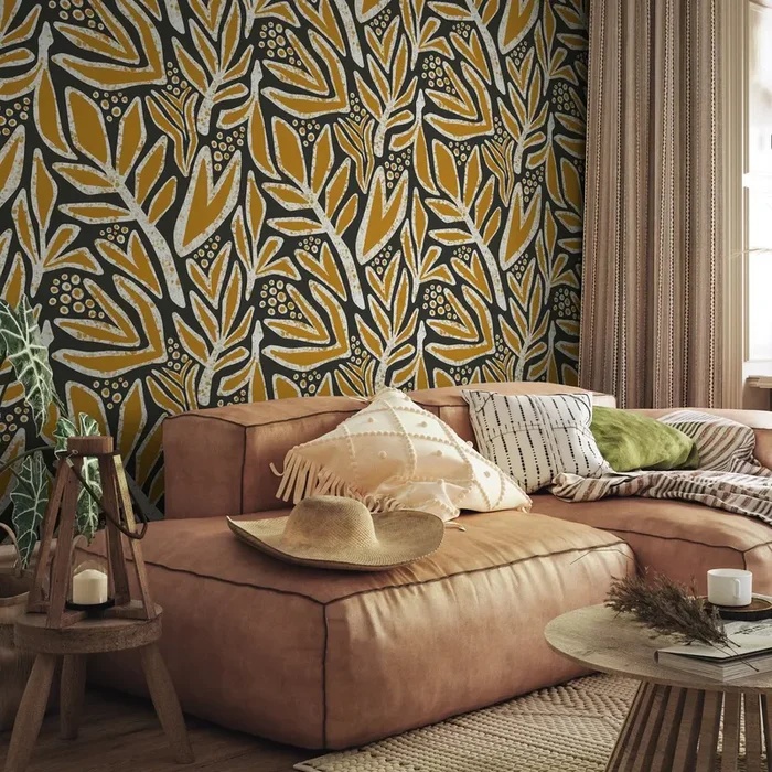 Botanical Wallpaper With Abstract Leaves In Mustard, Taupe, And Black – X177
