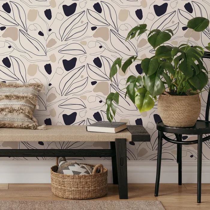 Botanical Wallpaper With Abstract Line Art Leaves In Black, Beige, And Tan – C324