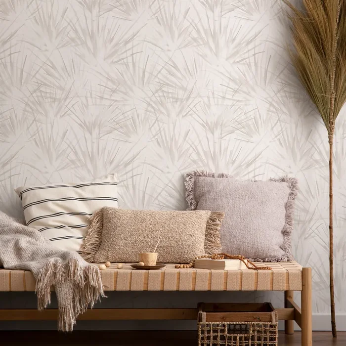 Botanical Wallpaper With Abstract Palm Fronds In Beige And Taupe – C861