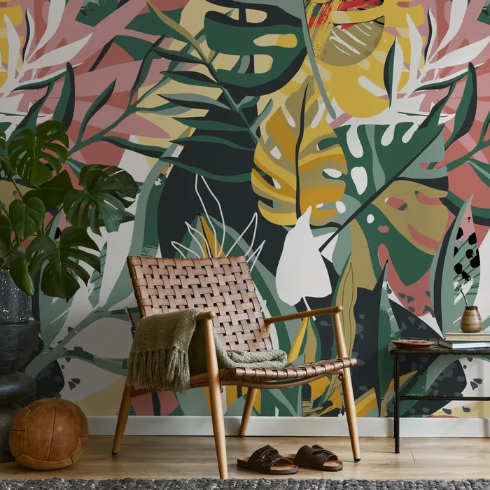 Botanical Wallpaper With Abstract Tropical Leaves In Green, Yellow, And Pink – C135