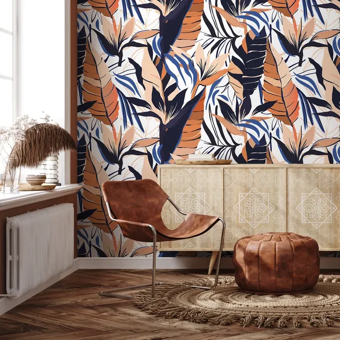 Botanical Wallpaper With Abstract Tropical Leaves In Orange, Blue, And Beige – B230