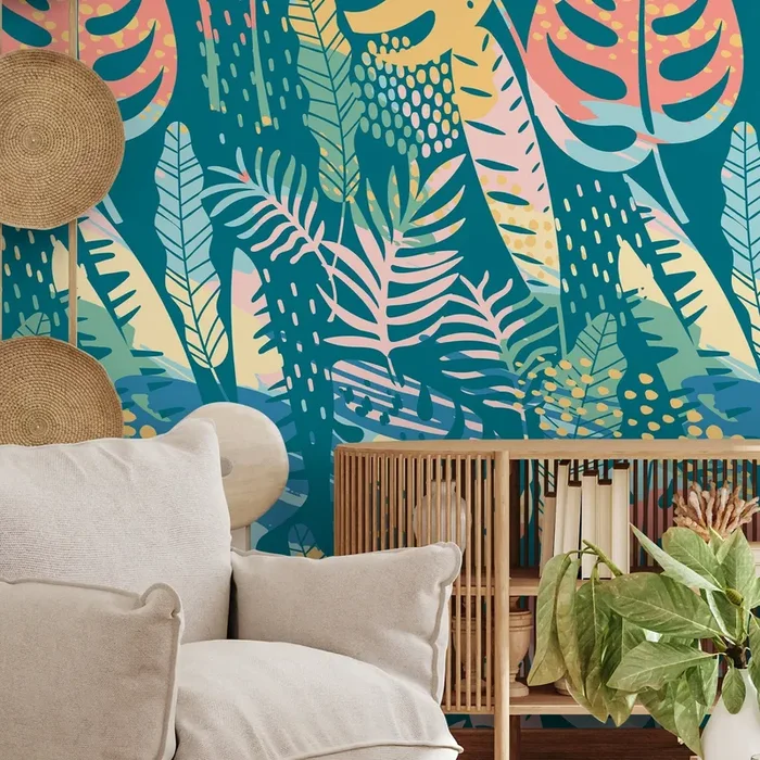 Botanical Wallpaper With Abstract Tropical Leaves In Teal, Pink, And Yellow – A787