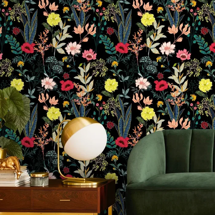 Botanical Wallpaper With Colorful Flowers And Ladybugs In Red, Yellow, And Pink – A834