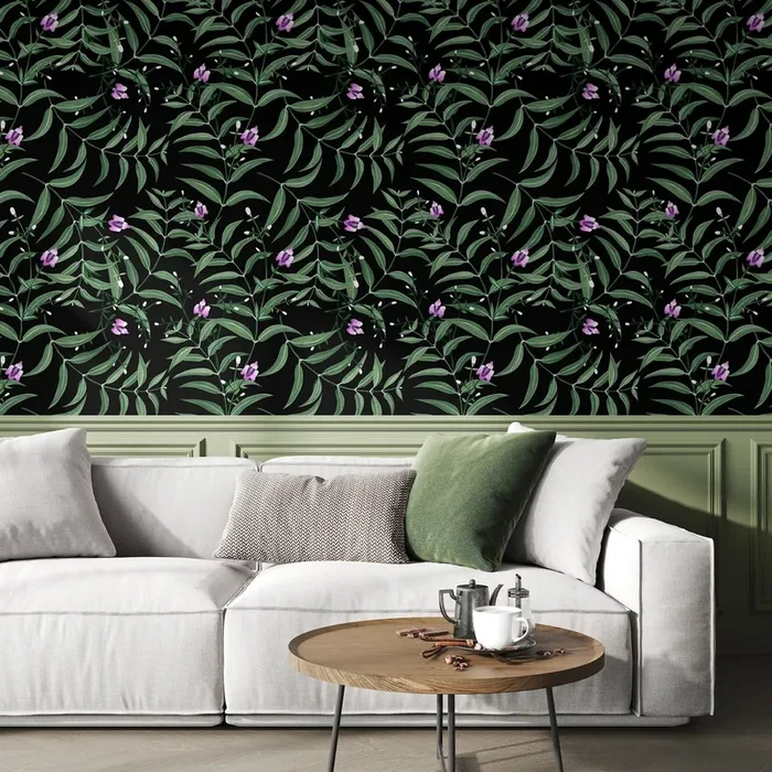 Botanical Wallpaper With Delicate Floral Vines In Green, Purple, And Black – X037