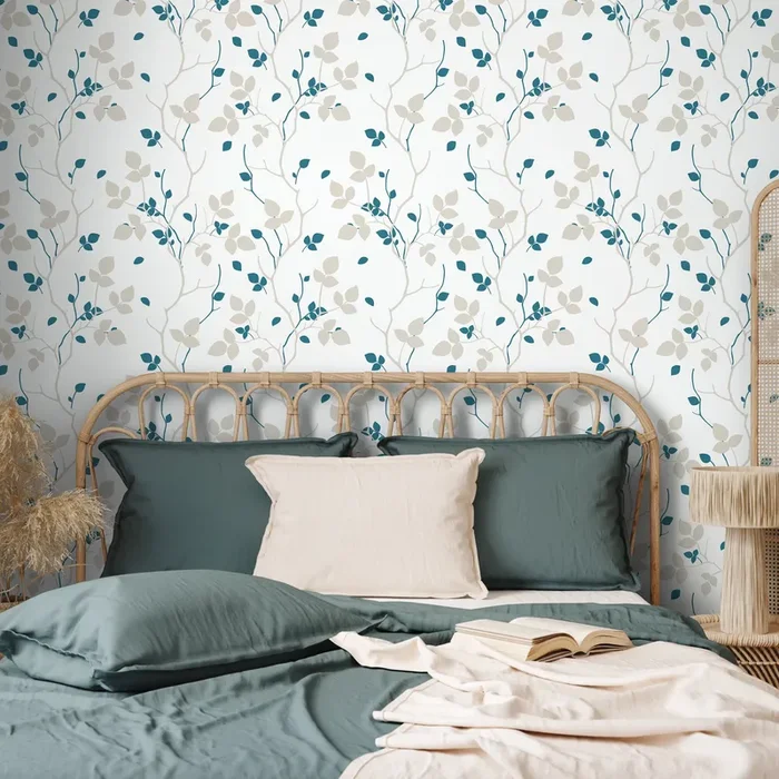 Botanical Wallpaper With Delicate Leafy Vines In Teal And Beige – A040