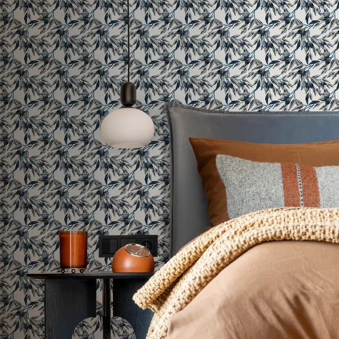 Botanical Wallpaper With Elegant Leafy Branches In Blue And Yellow – B652