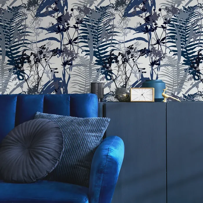 Botanical Wallpaper With Fern Silhouettes In Blue, Gray, And Black – B814