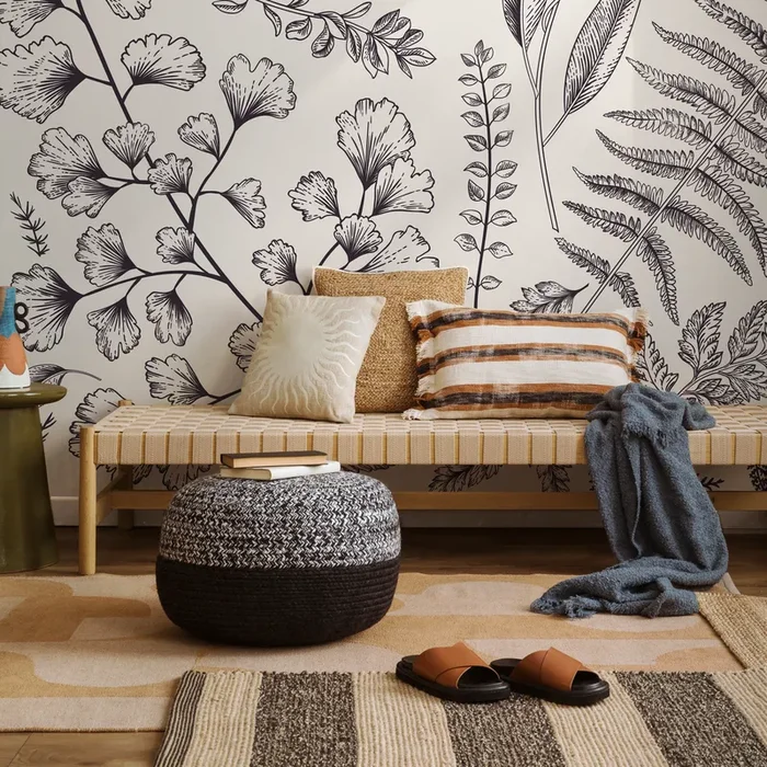 Botanical Wallpaper With Ginkgo And Fern Line Art In Black And White – C042