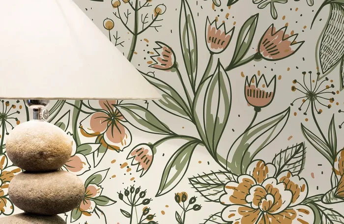 Botanical Wallpaper With Hand-drawn Florals In Green, Pink, And Ochre – D139
