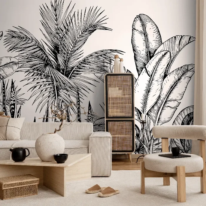 Botanical Wallpaper With Hand-drawn Tropical Leaves In Black And White – B732