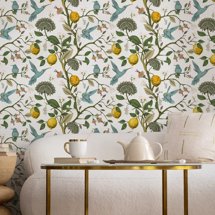 Botanical Wallpaper With Lemons And Hummingbirds In Blue, Yellow, And Green – A630