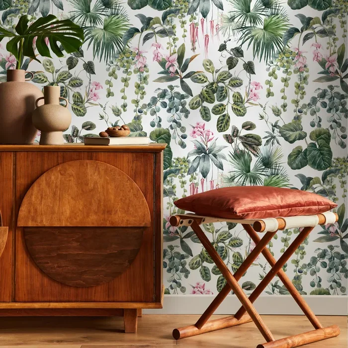 Botanical Wallpaper With Lush Jungle Foliage In Green And Pink – C798