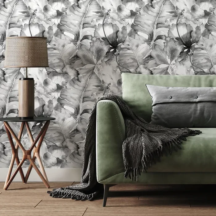 Botanical Wallpaper With Lush Watercolor Leaves In Black And Gray – A515